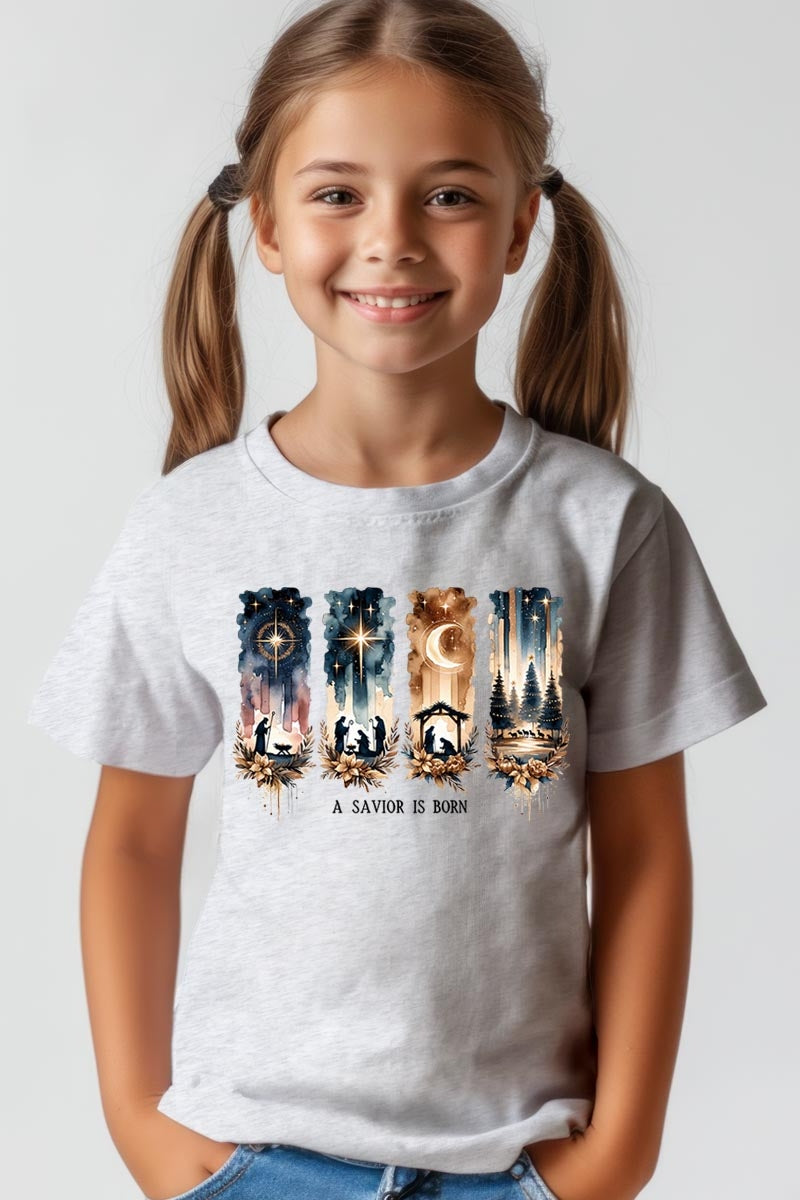 US3001Y-E3204Z Savior Is Born Nativity Kids Graphic Tee $11