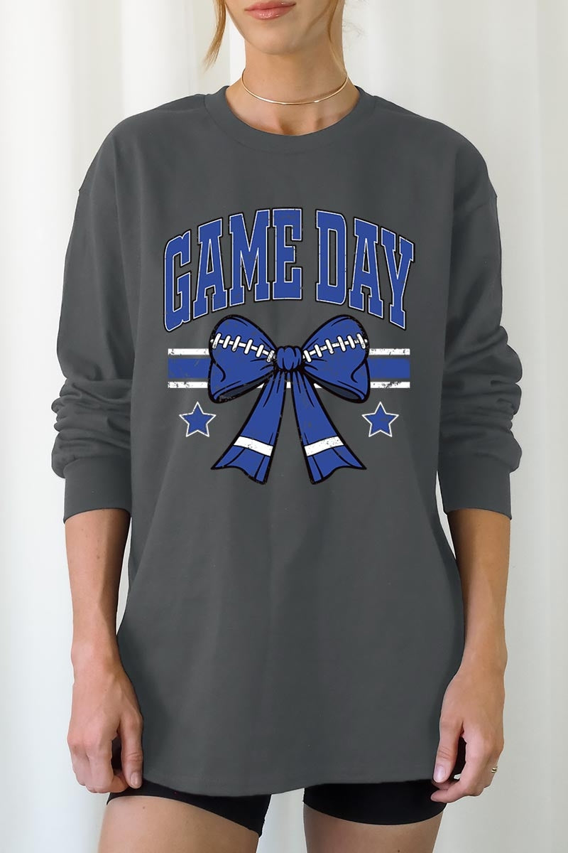 UL240P-E3065 Blue Game Day Football Bow Plus Long Sleeve Tee $17