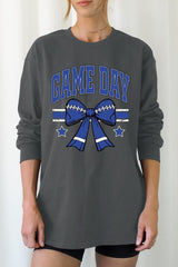 UL240-E3065 Blue Game Day Football Bow Graphic Long Sleeve Tee $13.75