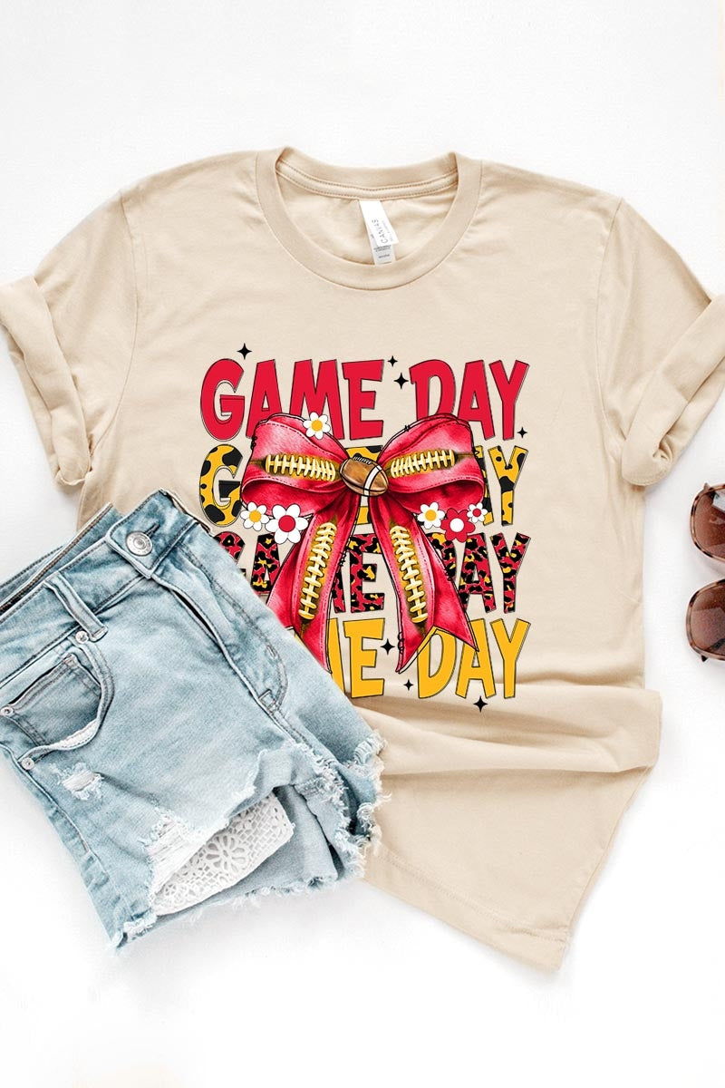 US3001P-E3091 Red Yellow Football Game Day Bow Graphic Plus Tee $16