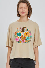 CTS-E3118 Floral Pumpkin Graphic Relaxed Crop Top $11