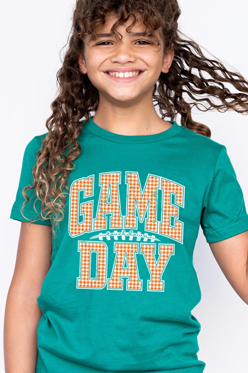US3001Y-E3129Z Orange Gingham Game Day Kids Graphic Tee $11