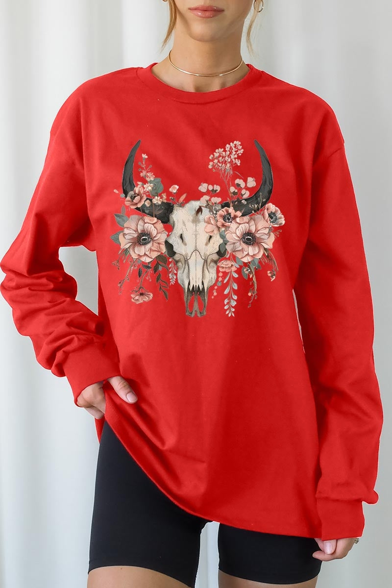 UL240-E3113 Western Skull Floral Graphic Long Sleeve Tee $13.75