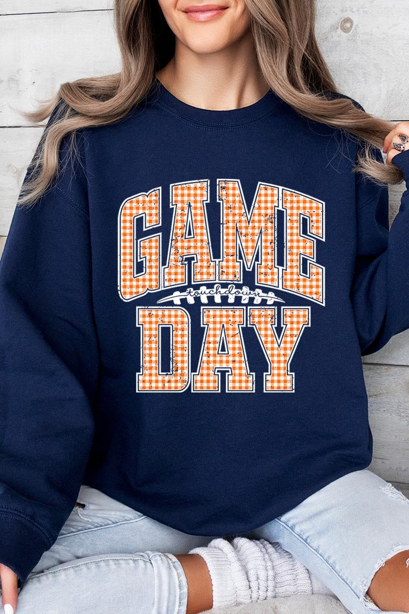 UL180P-E3129 Orange Gingham Game Day Graphic Plus Sweatshirt $25