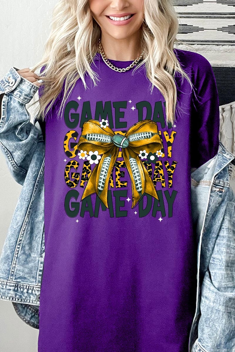 5000-E3090 Yellow Football Game Day Bow Heavy Cotton Tee $9