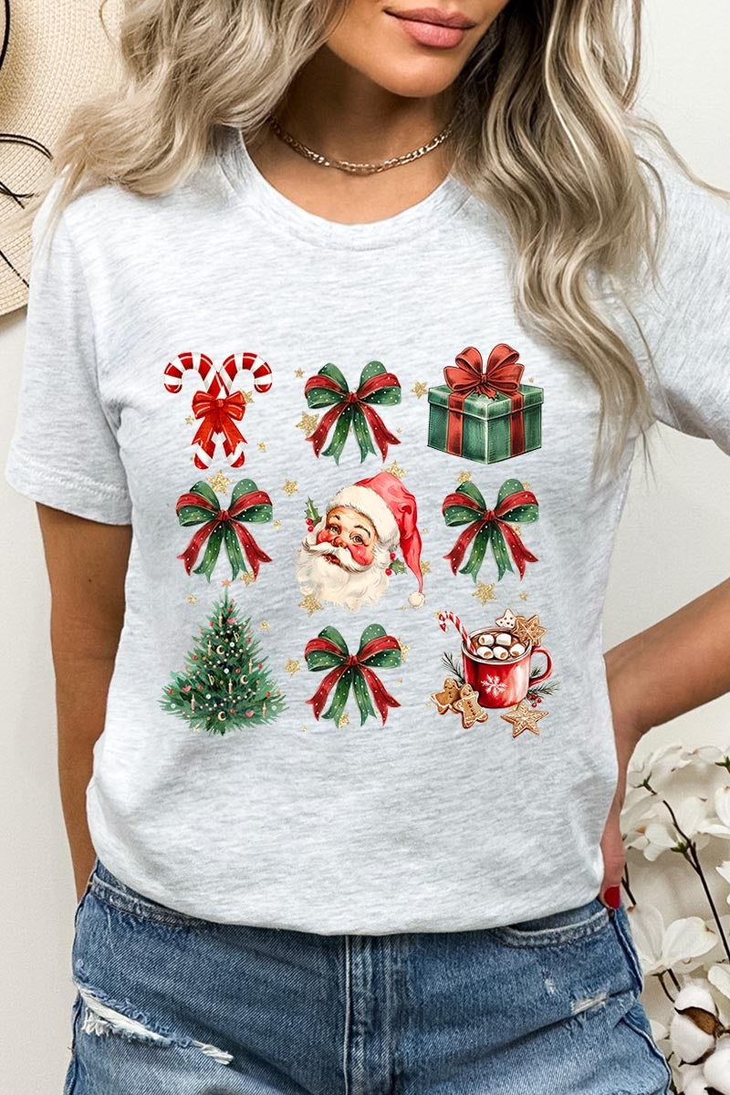 US3001-E3217 Santa Gifts & Bows Christmas Graphic Tee $12.5