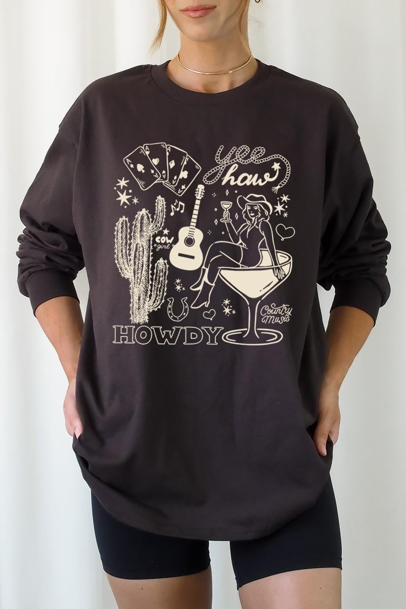 UL240-E3097 Cowgirl Country Music Graphic Long Sleeve Tee $13.75