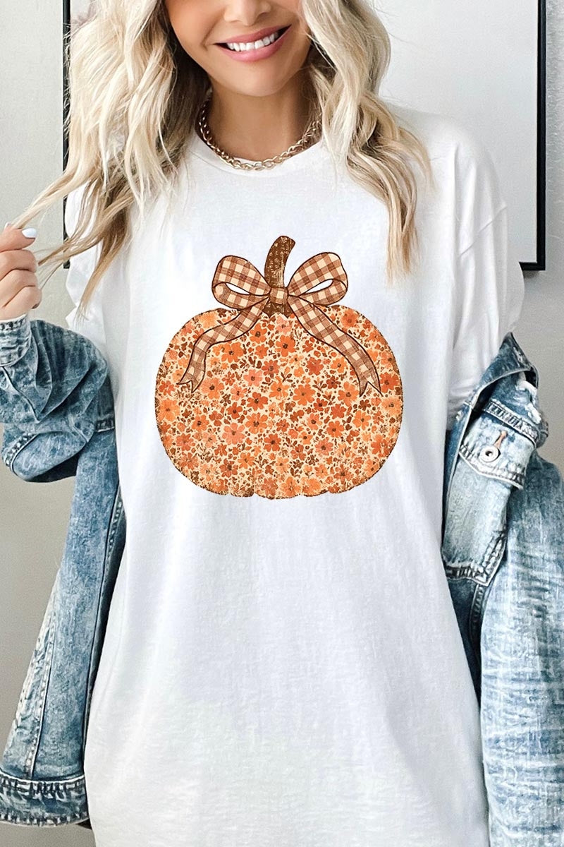 5000-E3135 Floral Fall Pumpkin Graphic Heavy Cotton Tee $9