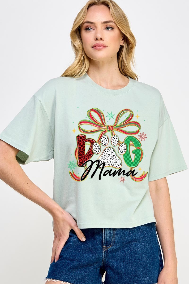 CTS-E3194 Dog Mama Christmas Paw Graphic Relaxed Crop Top $11