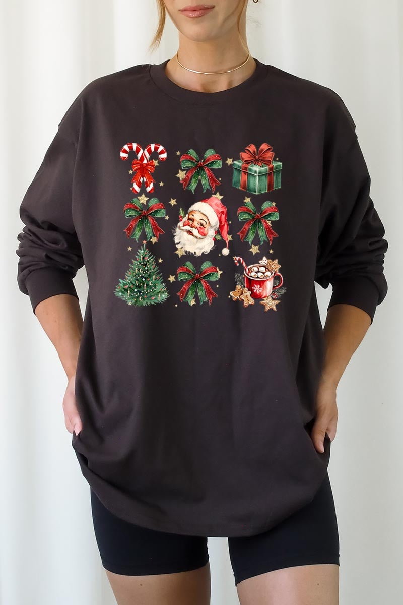 UL240-E3217 Santa Gifts & Bows Christmas Graphic Long Sleeve Tee $13.75