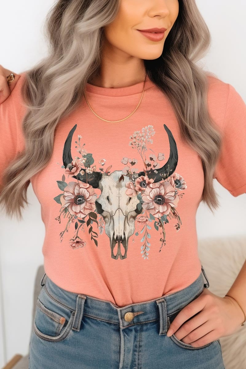 US3001P-E3113 Western Skull Floral Graphic Plus Tee $16