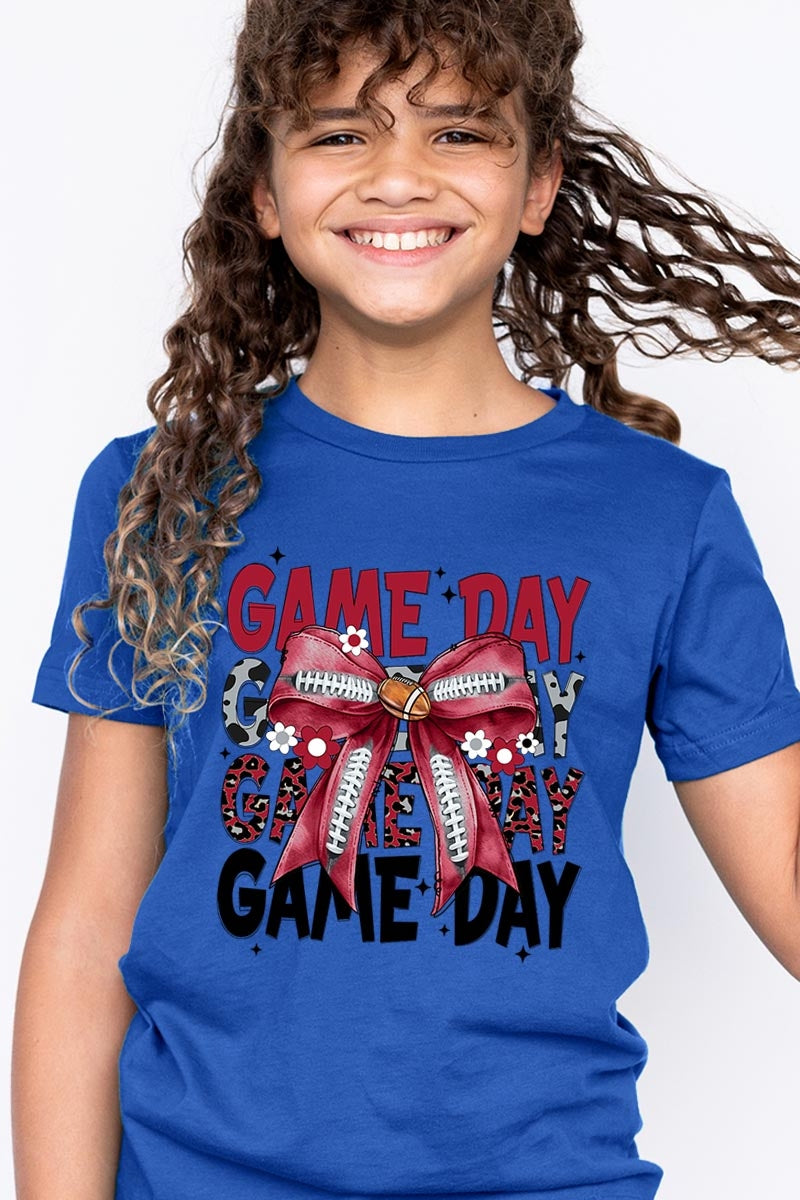 US3001Y-E3093Z Red Silver Football Game Day Bow Kids Graphic Tee $11