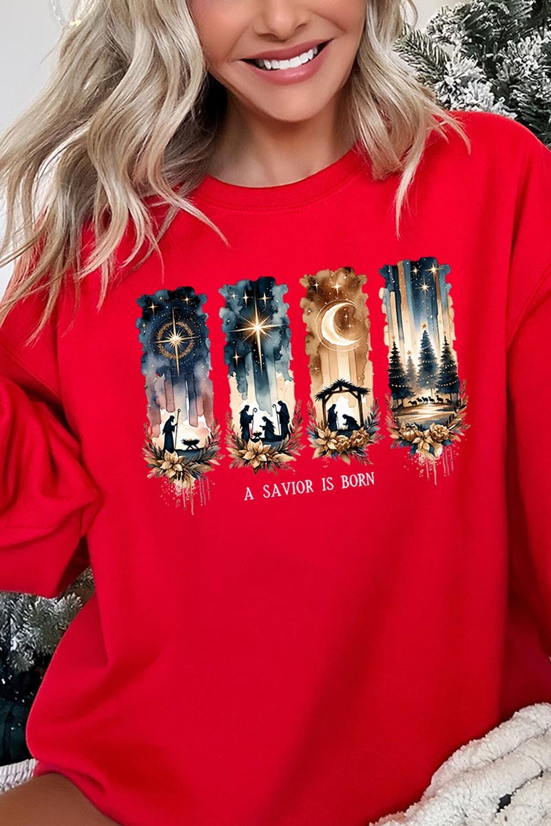UL180P-E3204 Savior Is Born Nativity Graphic Plus Sweatshirt $25