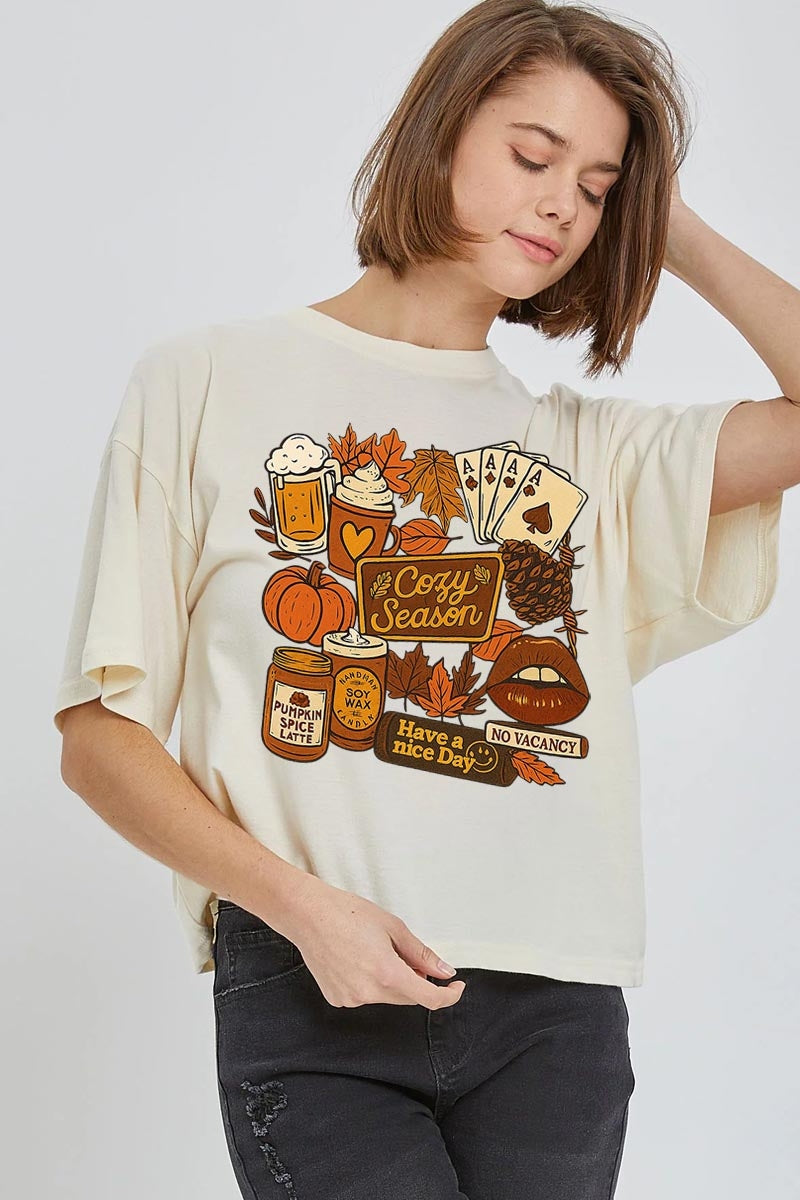 CTS-E3119 Retro Fall Collage Graphic Relaxed Crop Top $11