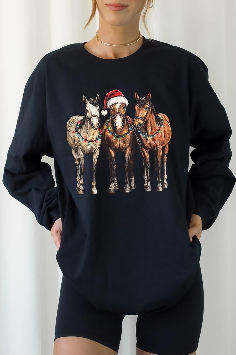 UL240-E3182 Christmas Horses Graphic Long Sleeve Tee $13.75