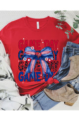 US3001-E3087 Red Blue Football Game Day Bow Graphic Tee $12.5