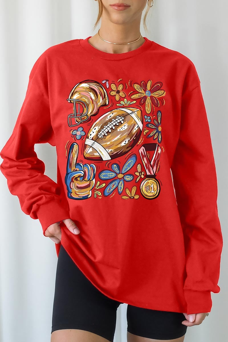 UL240-E3072 Retro Floral Football Graphic Long Sleeve Tee $13.75