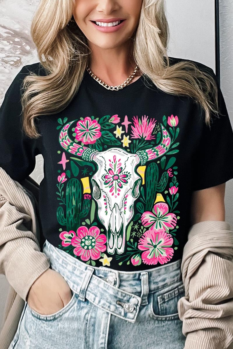 US3001-E3086 Western Floral Cow Skull Graphic Tee $12.5