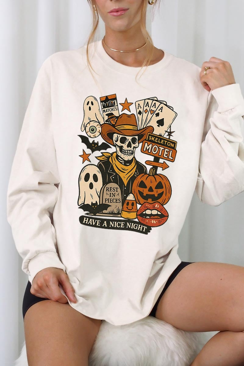 UL240-E3107 Spooky Western Skeleton Graphic Long Sleeve Tee $13.75
