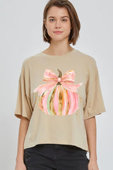 CTS-E3083 Brushstroke Pumpkin Graphic Relaxed Crop Top $11