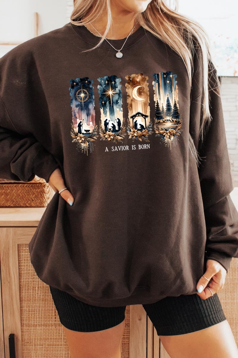 UL180P-E3204 Savior Is Born Nativity Graphic Plus Sweatshirt $25