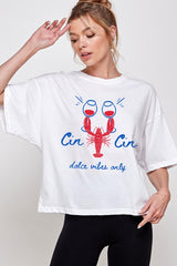 CTS-E3069 Cin Cin Lobster Graphic Relaxed Crop Top $11