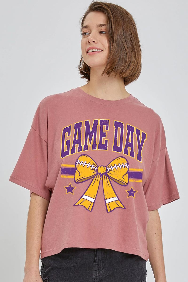 CTS-E3063 Purple Game Day Football Bow Graphic Crop Top $11