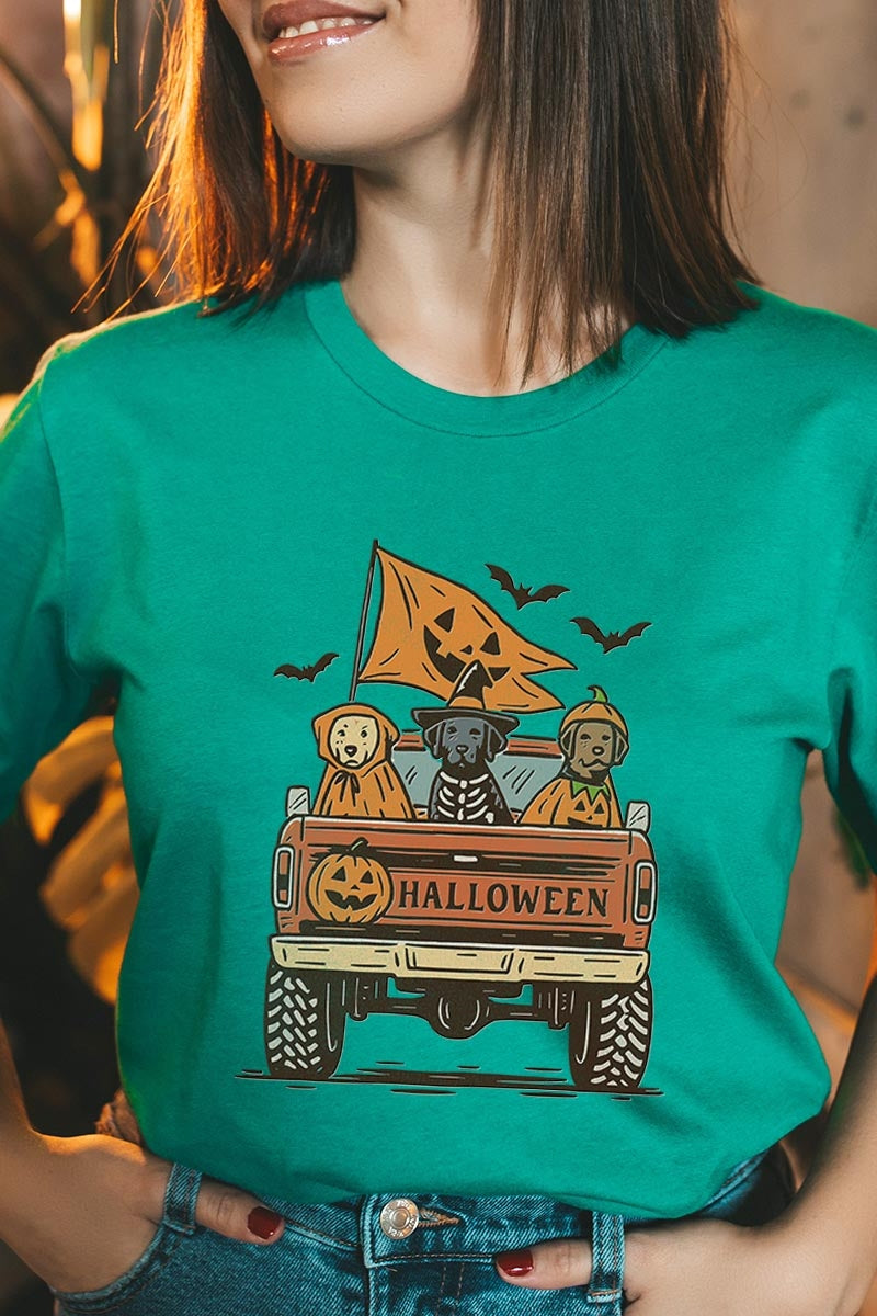 US3001-E3150 Halloween Truck Dogs Graphic Tee $12.5