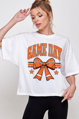 CTS-E3064 Orange Game Day Football Bow Graphic Crop Top $11