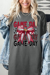 5000P-E3093 Red Silver Football Bow Plus Heavy Cotton Tee $12.75