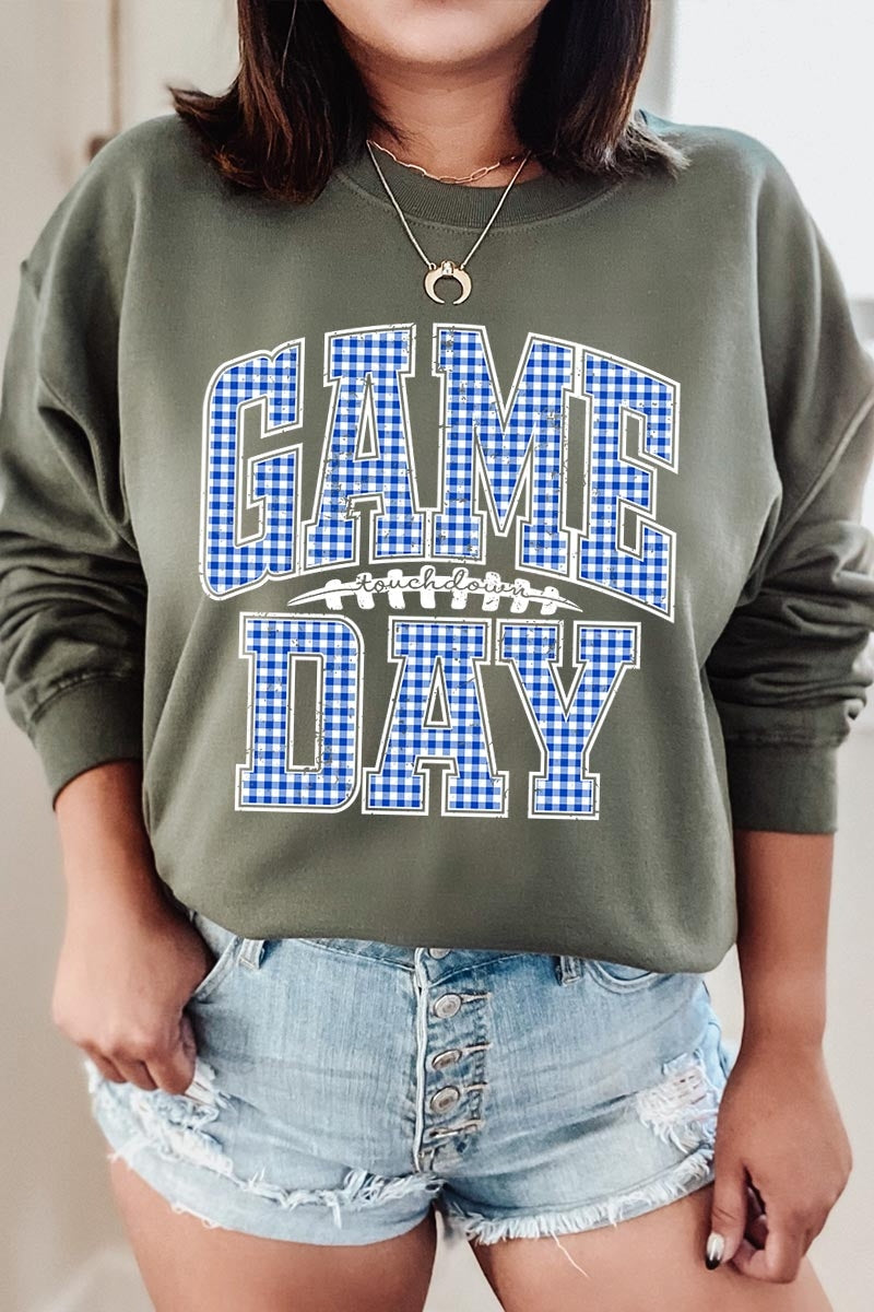 UL180P-E3130 Blue Gingham Game Day Graphic Plus Sweatshirt $25