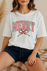 US3001P-E3206 Plaid Merry Christmas Bow Graphic Plus Tee $16