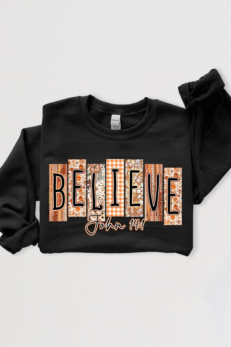 UL180P-E3167 Believe Fall Christian Graphic Plus Sweatshirt $25