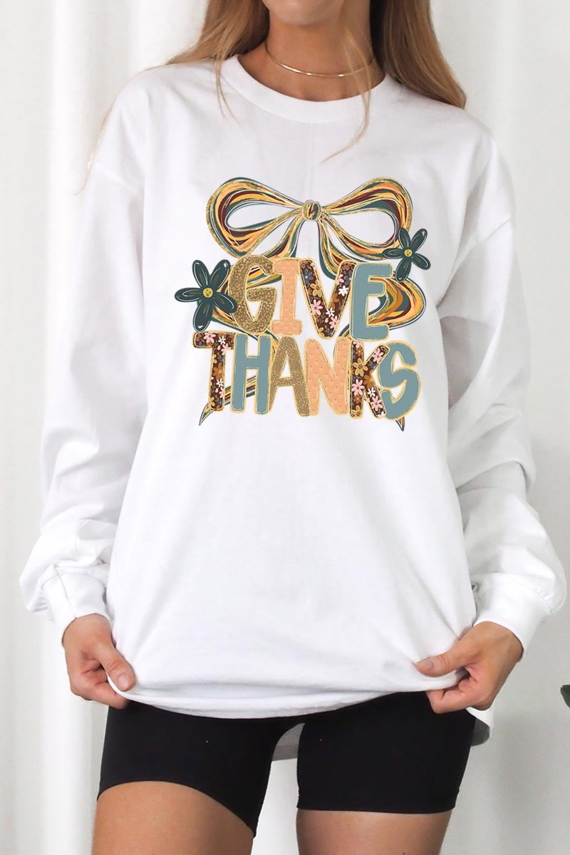 UL240-E3154 Give Thanks Bow Graphic Long Sleeve Tee $13.75