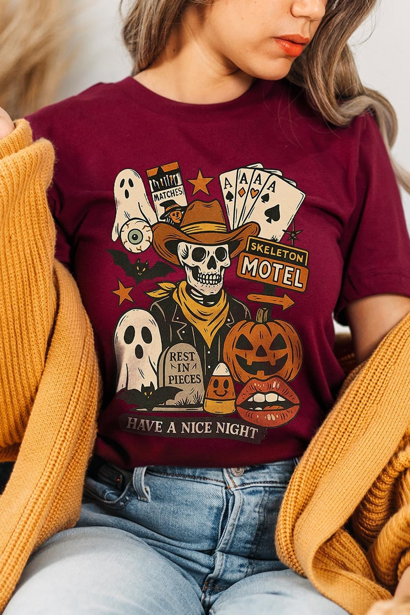 US3001-E3107 Spooky Western Skeleton Graphic Tee $12.5