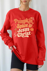 UL240-E3164 Pumpkin Spice & Jesus Graphic Long Sleeve Tee $13.75