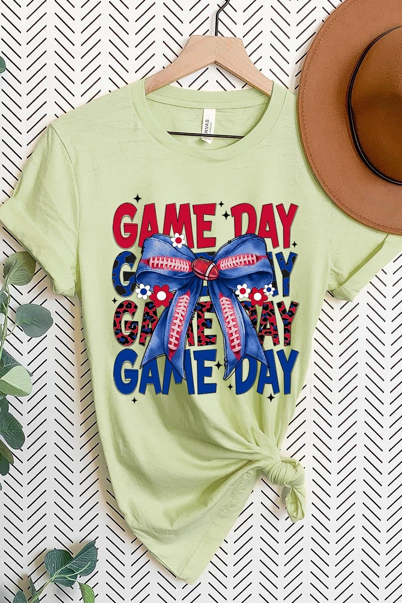 US3001-E3087 Red Blue Football Game Day Bow Graphic Tee $12.5