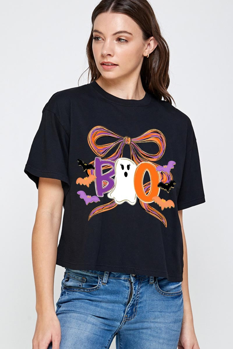 CTS-E3120 Boo Brushstroke Bow Graphic Relaxed Crop Top $11