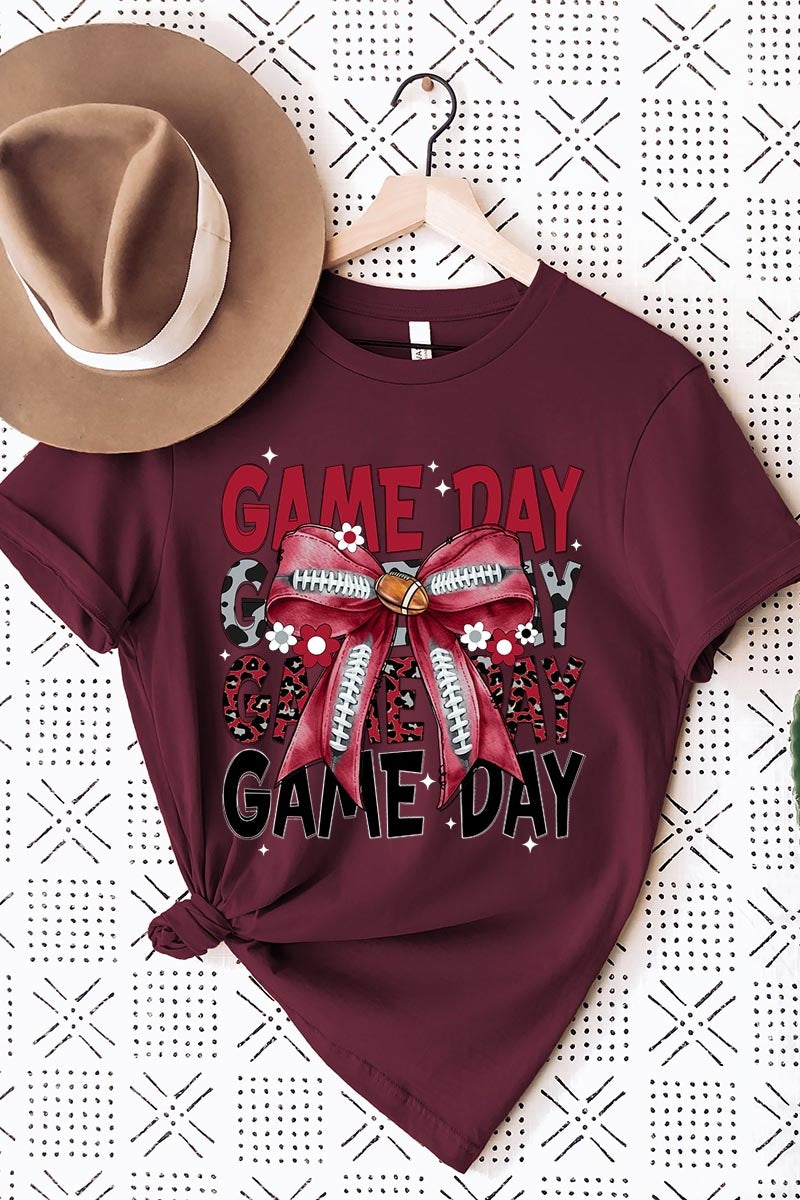 US3001-E3093 Red Silver Football Game Day Bow Graphic Tee $12.5