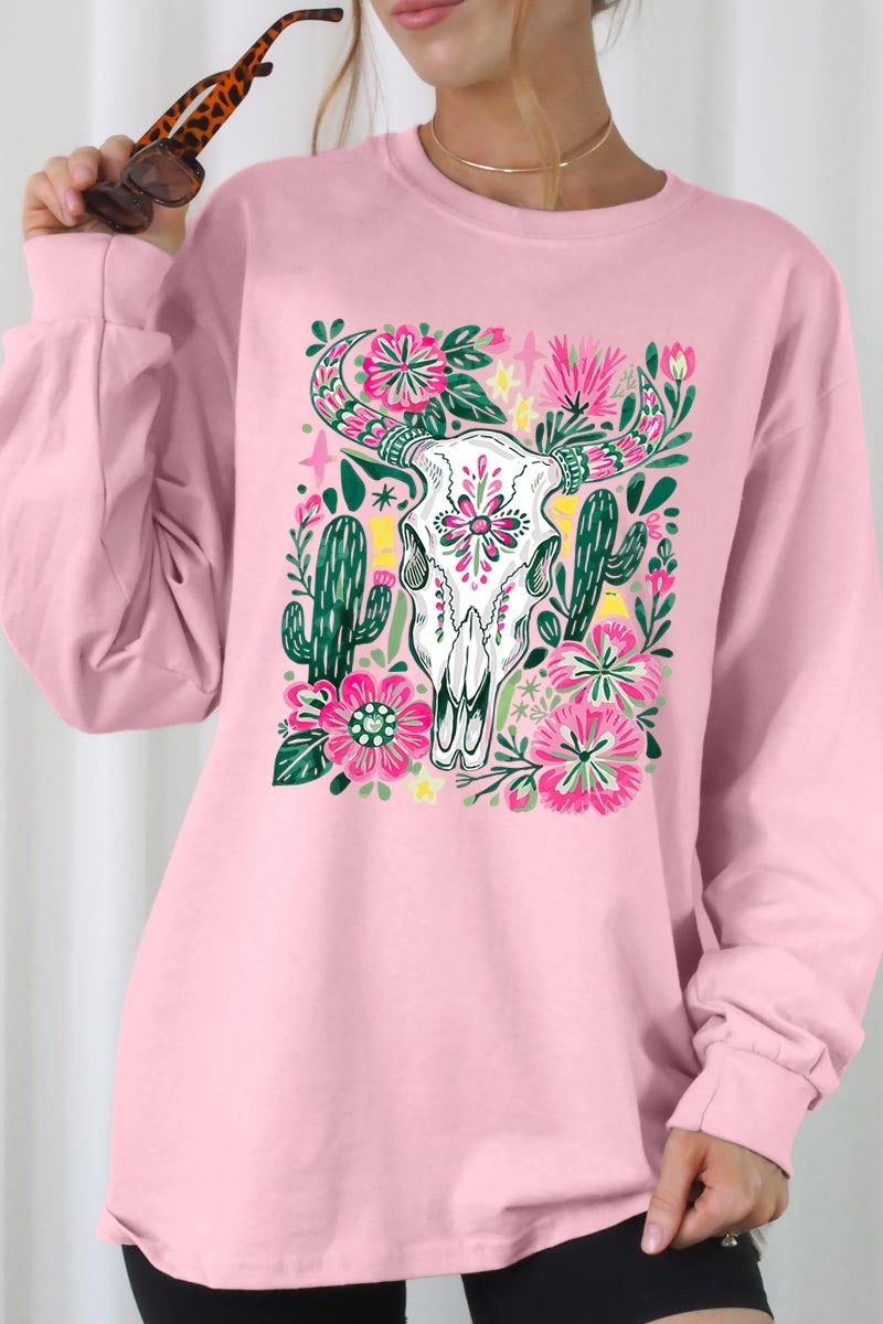 UL240-E3086 Western Floral Cow Skull Graphic Long Sleeve Tee $13.75