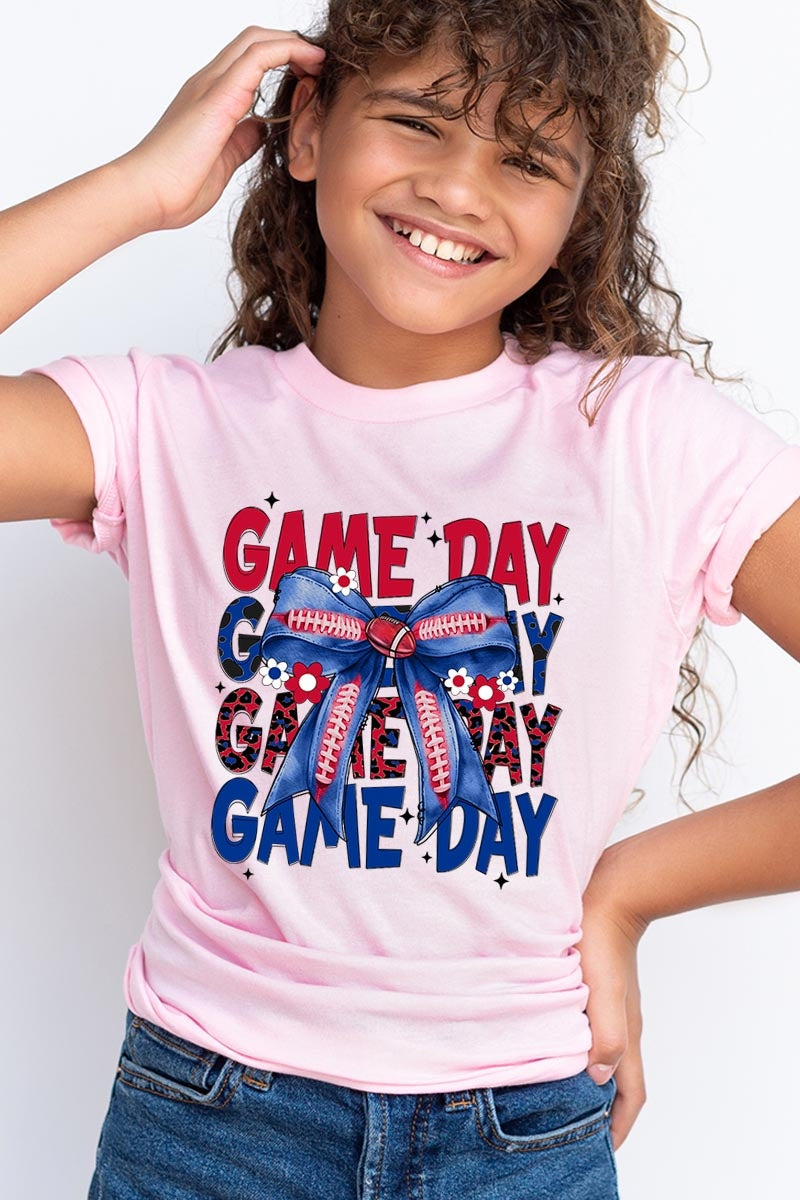 US3001Y-E3087Z Red Blue Football Game Day Bow Kids Graphic Tee $11