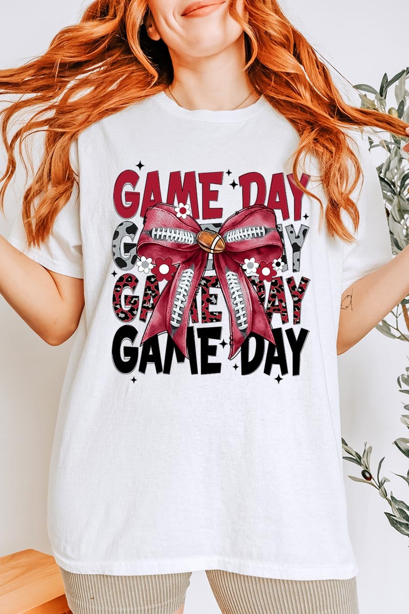 5000P-E3093 Red Silver Football Bow Plus Heavy Cotton Tee $12.75