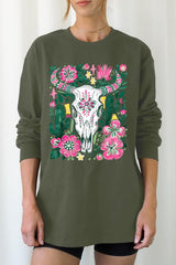 UL240-E3086 Western Floral Cow Skull Graphic Long Sleeve Tee $13.75