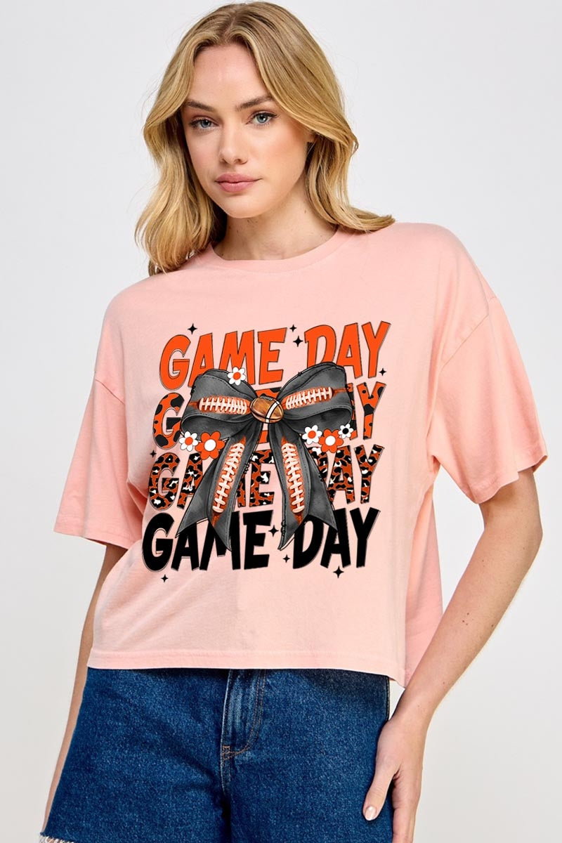 CTS-E3088 Orange Black Football GameDay Bow Relaxed Crop Top $11
