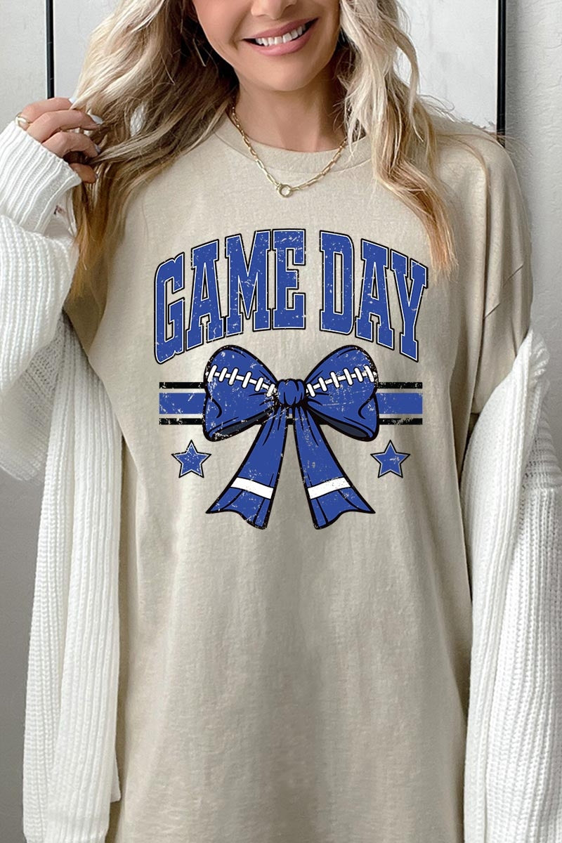 5000P-E3065 Blue Football Bow Graphic Plus Heavy Cotton Tee $12.75