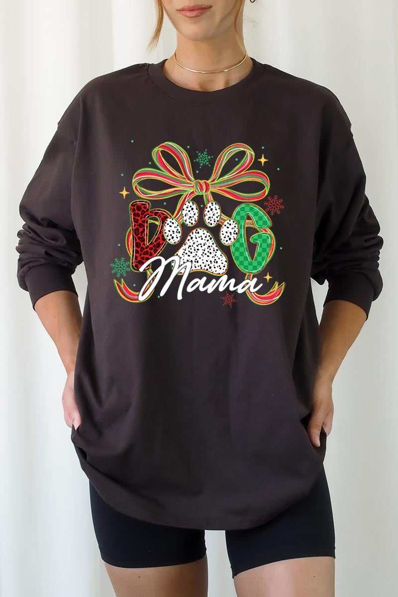 UL240-E3194 Dog Mama Christmas Paw Graphic Long Sleeve Tee $13.75