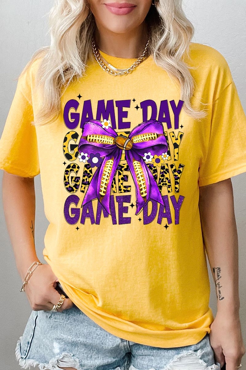 5000-E3092 Purple Football Game Day Bow Heavy Cotton Tee $9