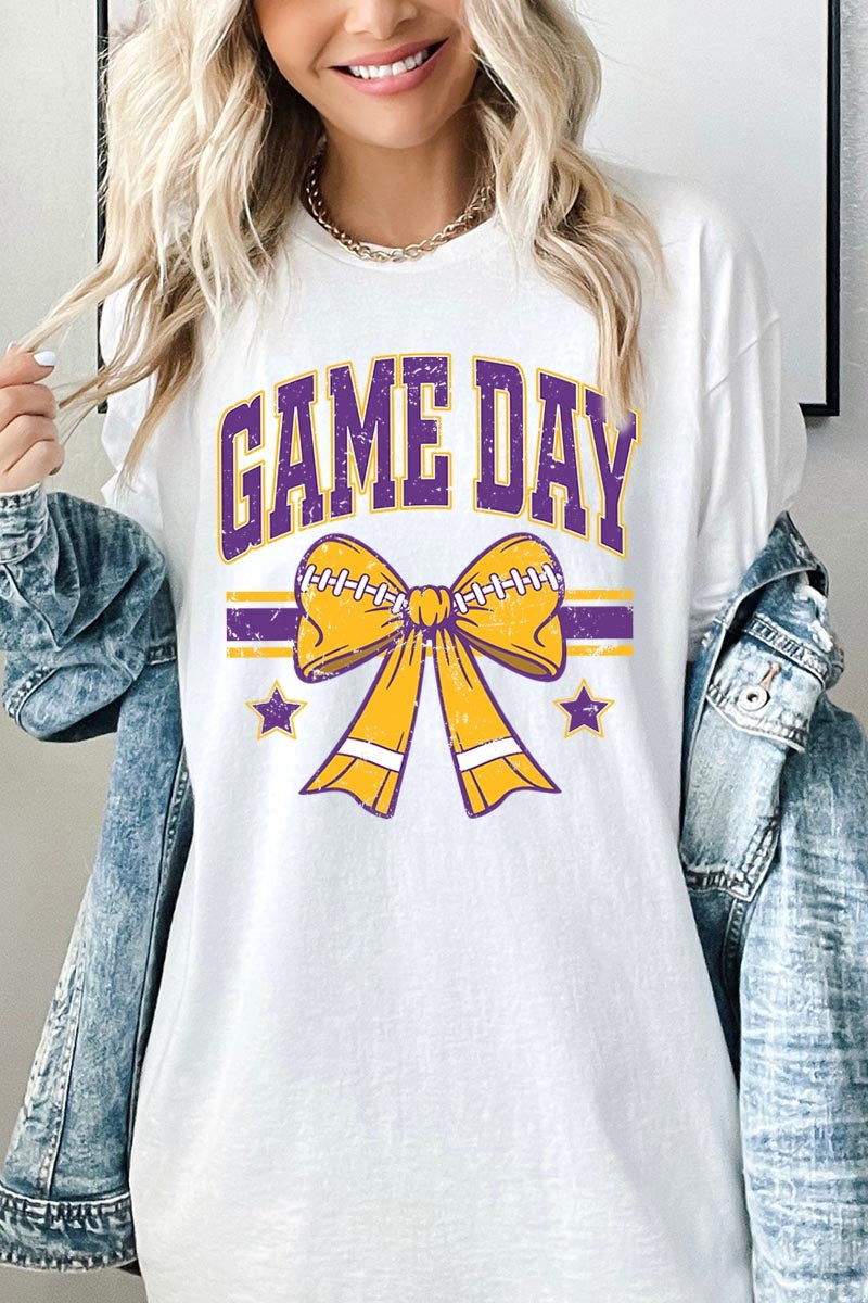 5000P-E3063 Purple Football Bow Graphic Plus Heavy Cotton Tee $12.75