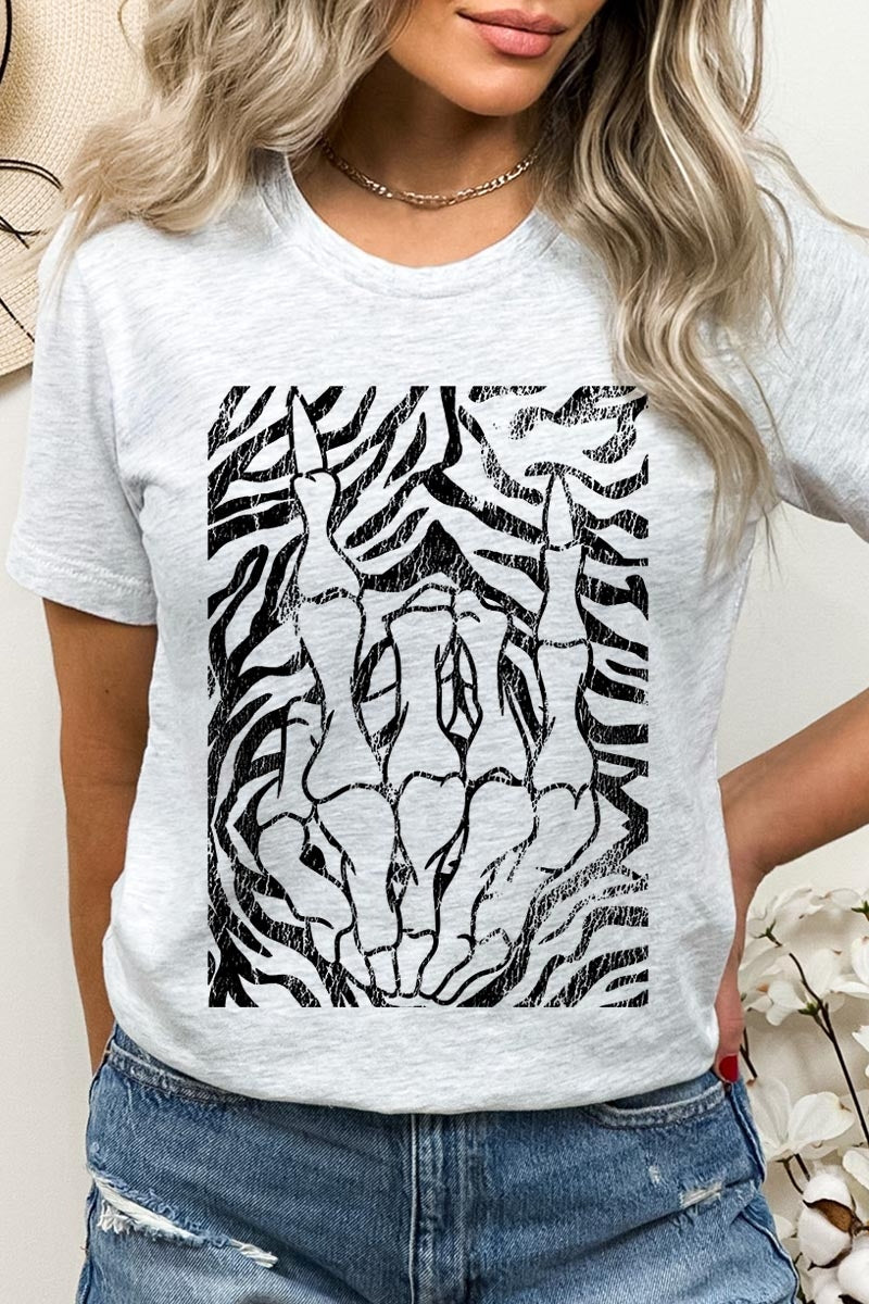 US3001P-E3177 Skeleton Hands Zebra Graphic Plus Tee $16