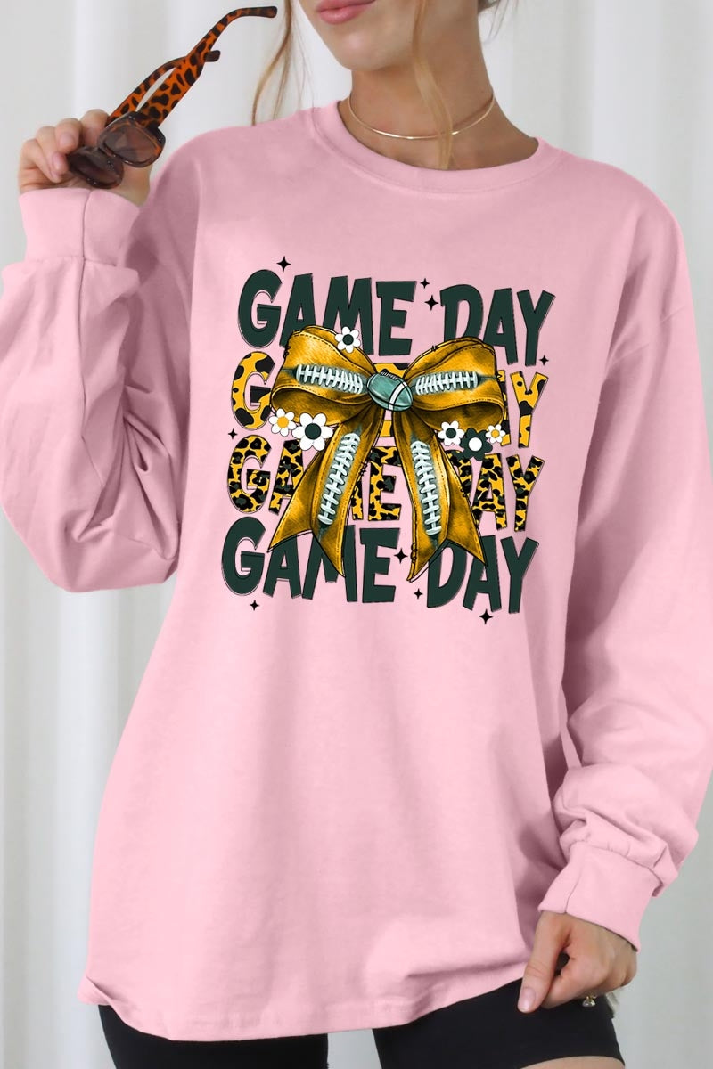 UL240P-E3090 Yellow Football Game Day Bow Plus Long Sleeve Tee $17